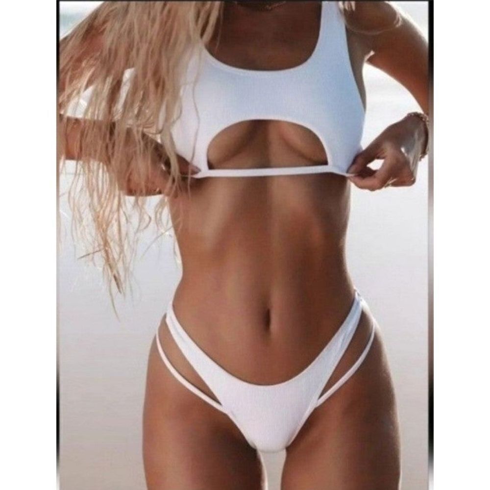 Ladies White Rib-Knit cut out 2pc Swimsuit